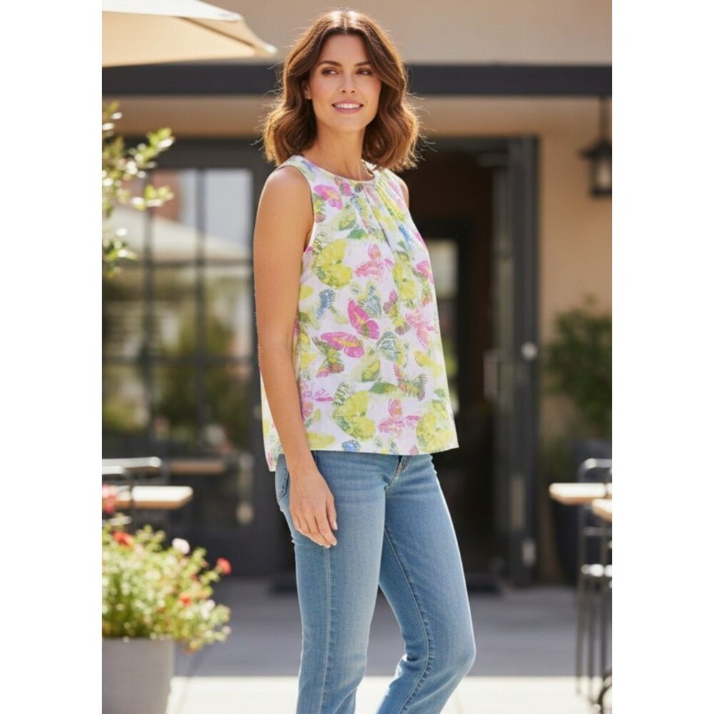 Talbots Pastel Butterfly Print Lined Cotton Tank Pleated Neck Sz 12